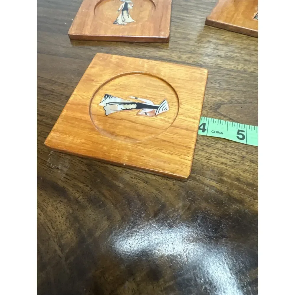 Vintage Coasters Lacquered Wooden With Inlay And Coaster Holder Lot Of 6
